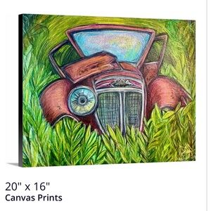 Vintage Car Canvas Print with Green and Red Accents